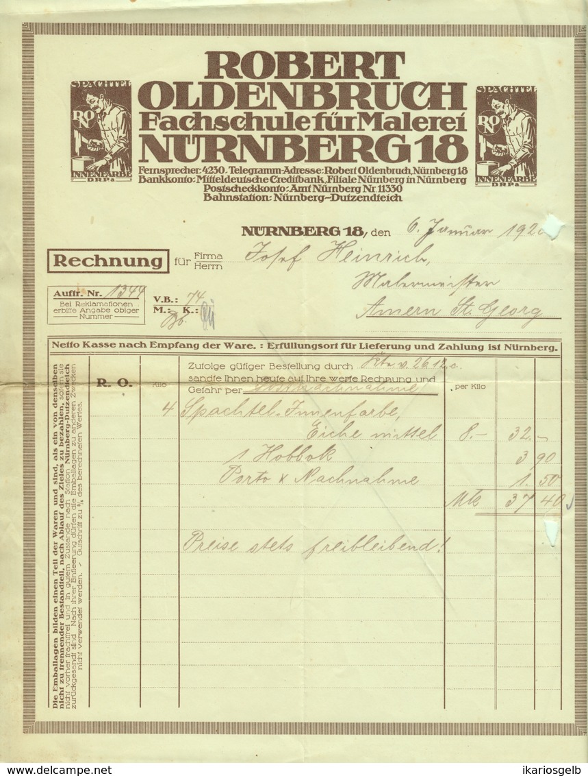 Nürnberg Rechnung 1920 " Robert Oldenbruch - Fachschule Für Malerei " - Altri & Non Classificati