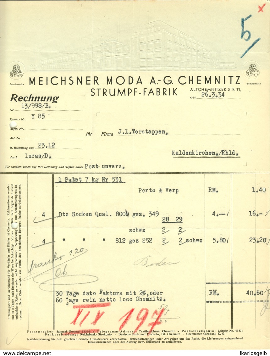 CHEMNITZ Sachsen BlindPräge-Rechnung Deko 1934 " Meichsner Moda AG - Strumpffabrik " - Textilos & Vestidos