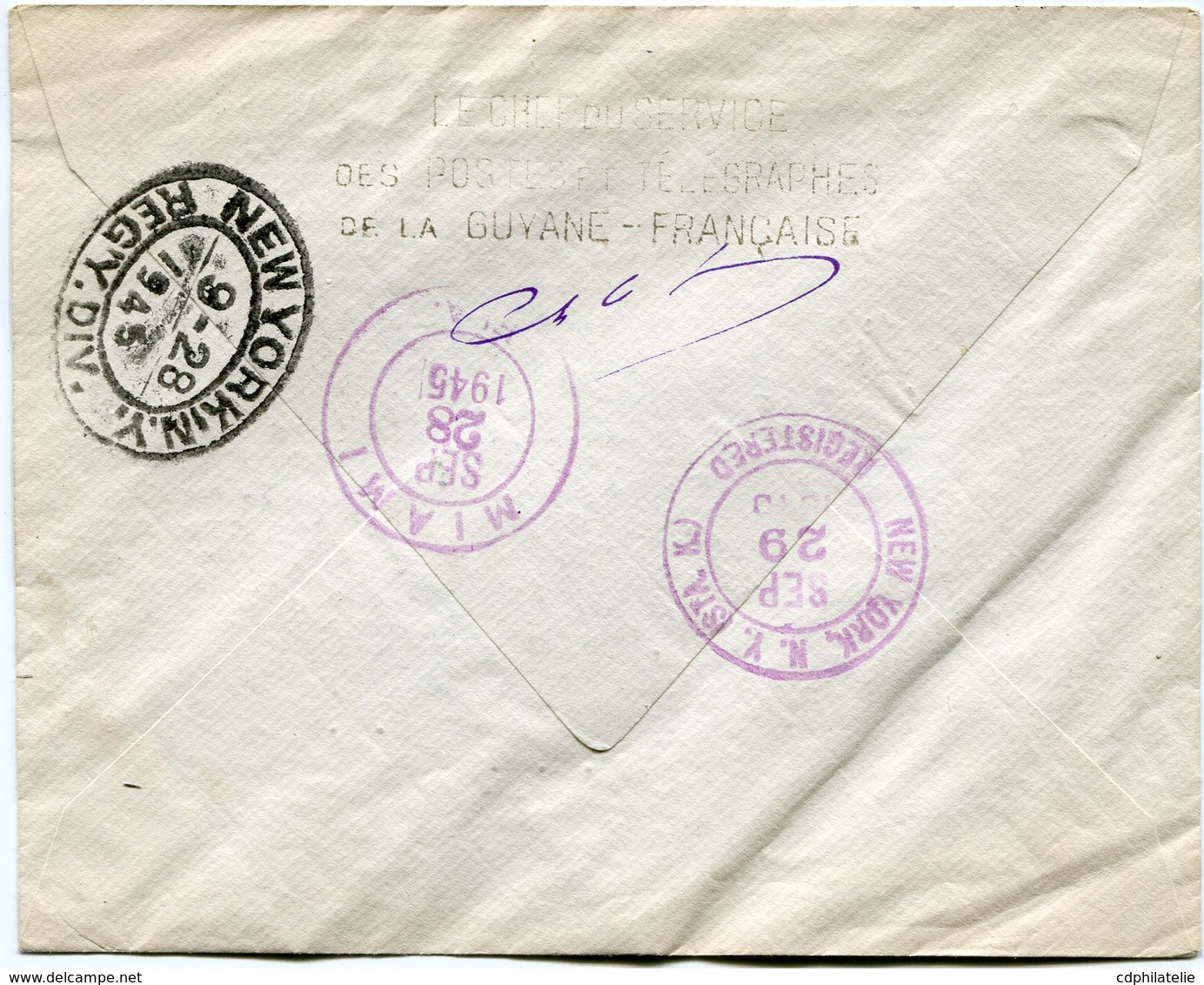 GUYANE LETTRE RECOMMANDEE PAR AVION DEPART CAYENNE 24-9-45 GUYANE FRANCAISE POUR LES ETATS-UNIS - Storia Postale