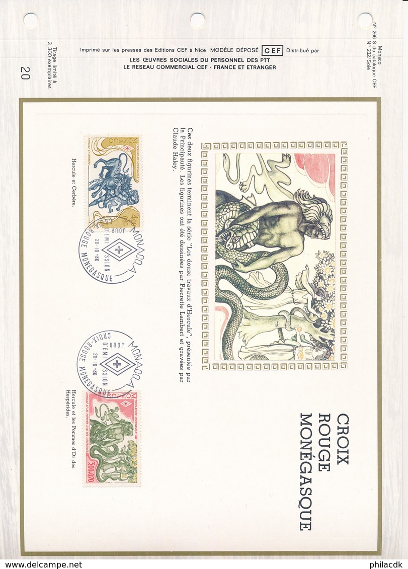 MONACO-DOCUMENT OFFICIEL 20 - HERCULE ET CERBERE - CROIX ROUGE MONEGASQUE - 28.10.86 - MONACO - Storia Postale