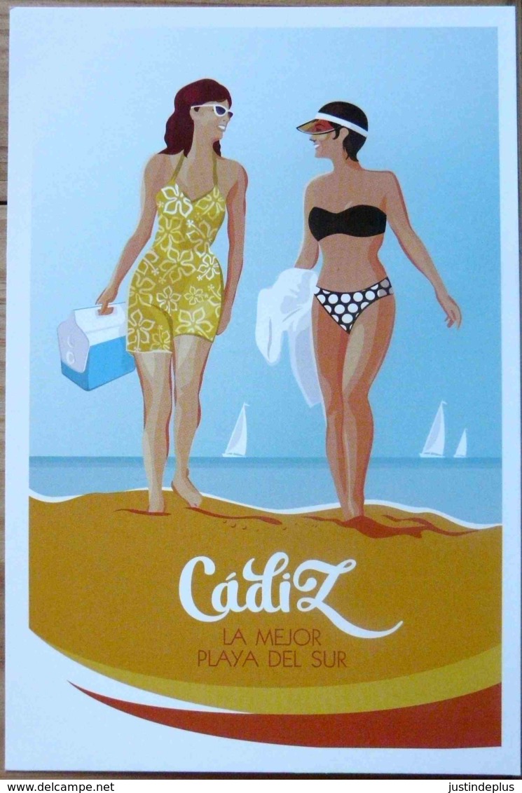 COUPLE DE PIN UP AFFICHE SUR CARTE CADIX CADIZ LA MEJOR PLAYA DEL SUR GRAND FORMAT 12 X 18 - Pin-Ups