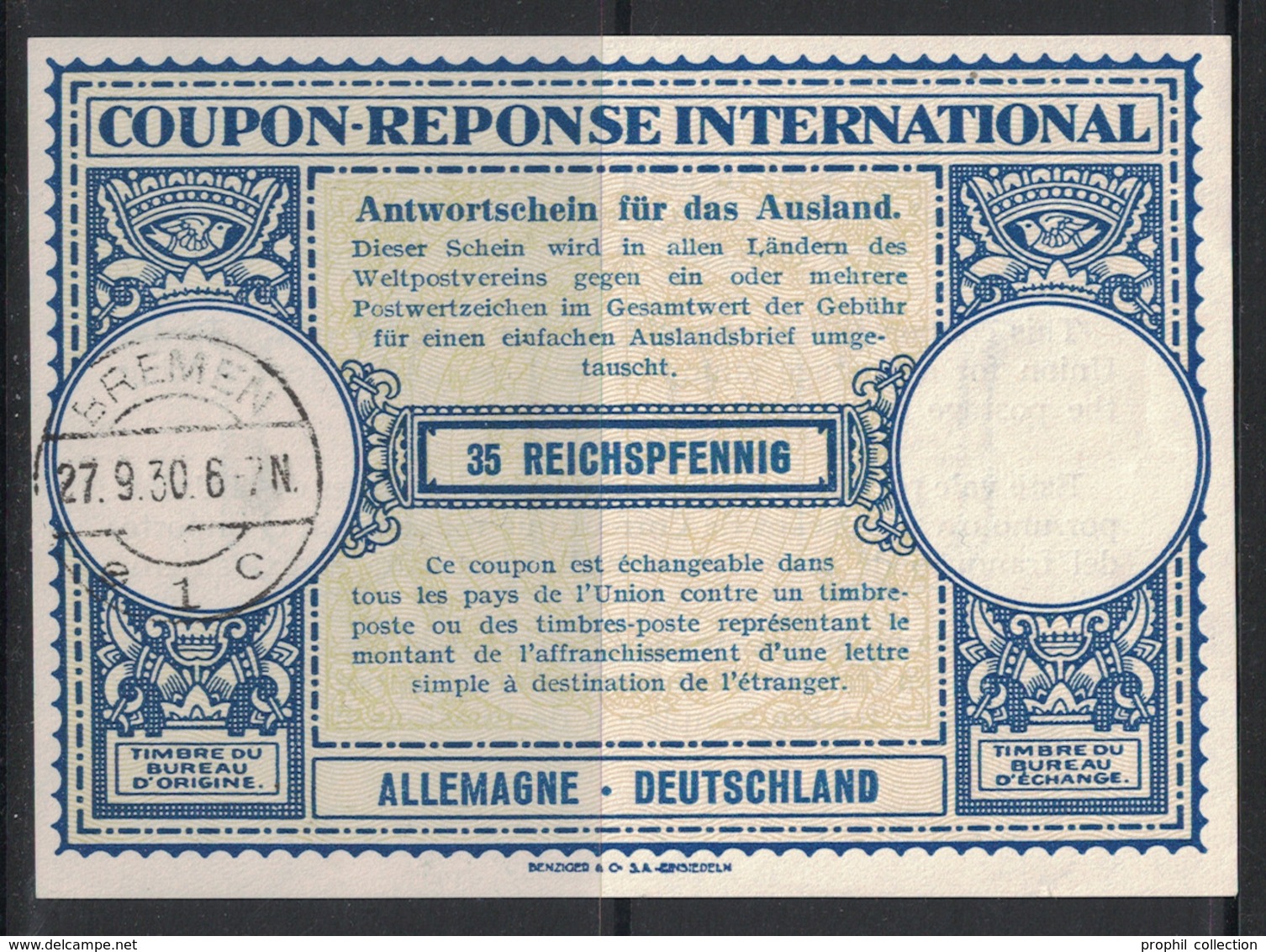 COUPON REPONSE INTERNATIONAL D'ALLEMAGNE DEUTSCHLAND 35 REICHSPFENNIG CAD BREMEN 1930 - Coupons-réponse