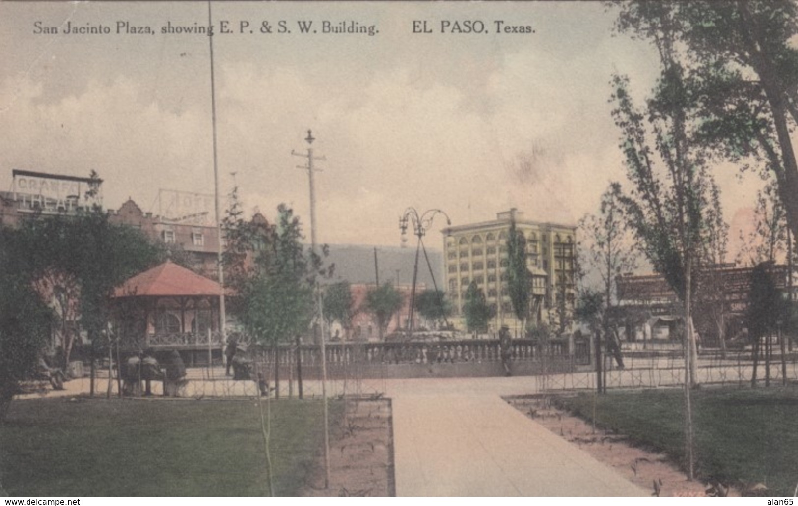 El Paso Texas, San Jacinto Plaza Showing E.P.& S.W. Building, C1900s Vintage Albertype Postcard - El Paso