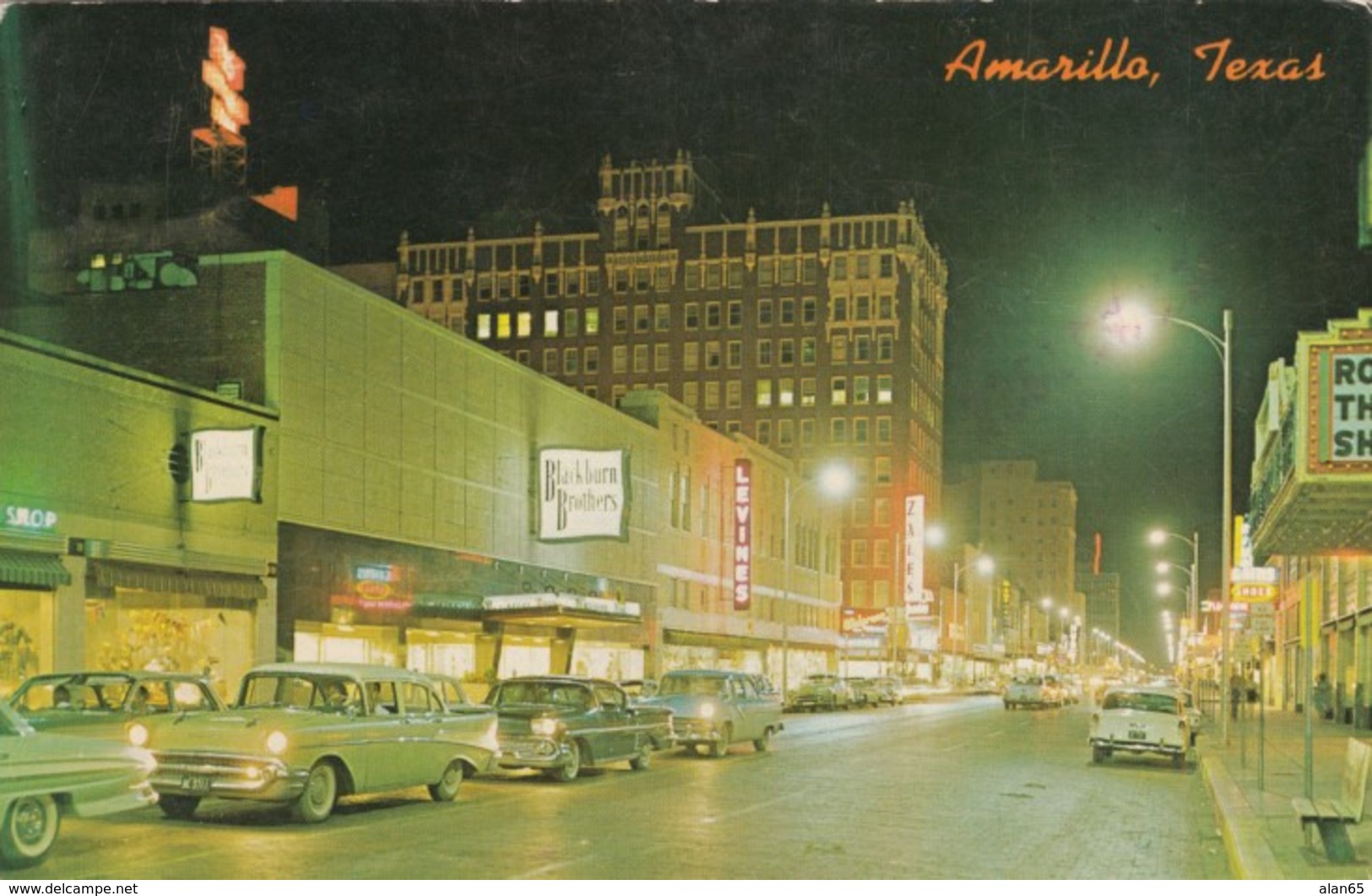 Amarillo Texas, Polk Street Scene At Night, Autos, Theater, Message To US Marine C1960s Vintage Postcard - Amarillo