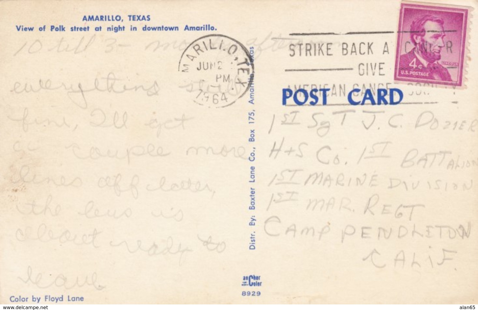 Amarillo Texas, Polk Street Scene At Night, Autos, Theater, Message To US Marine C1960s Vintage Postcard - Amarillo