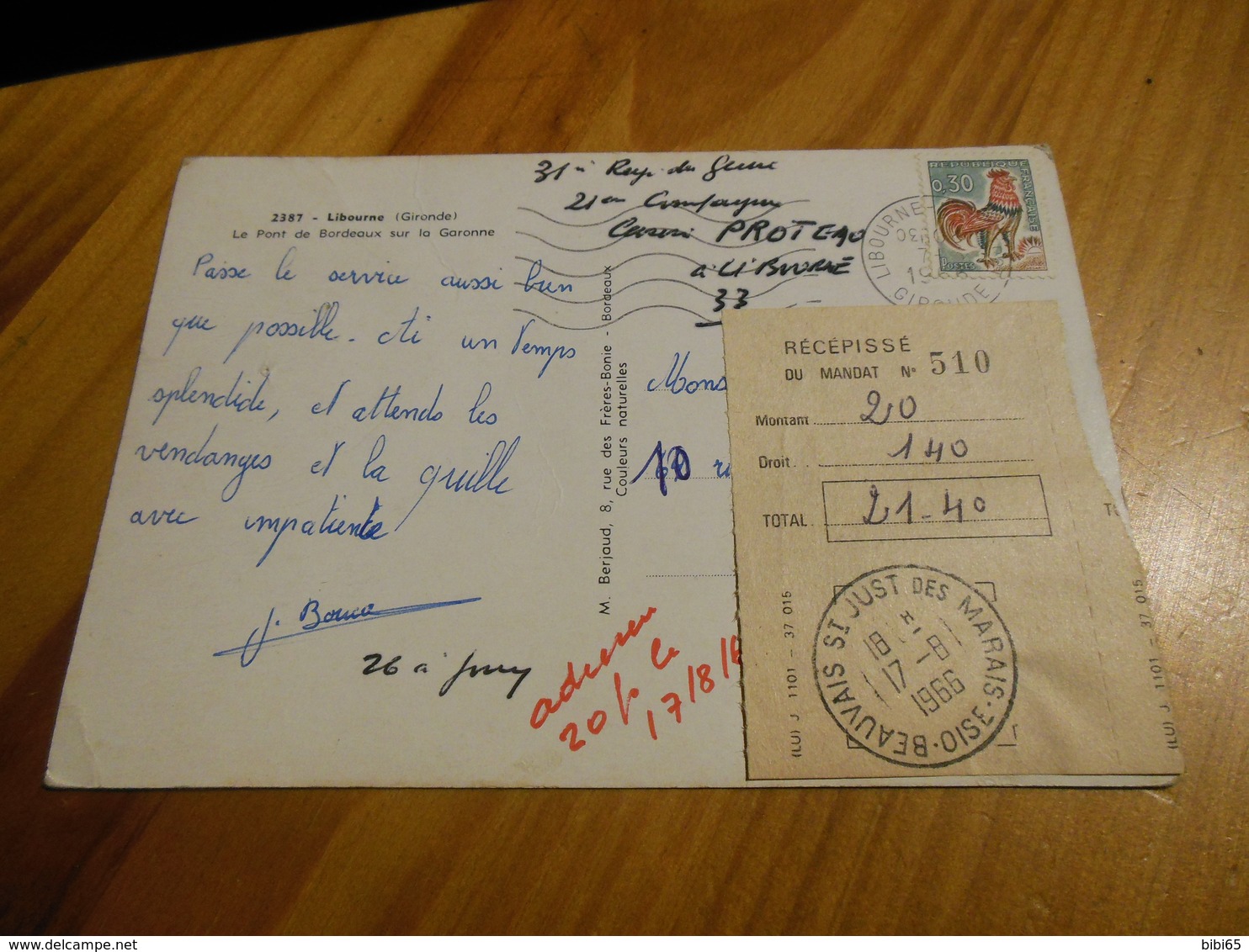 RECEPISSE SUR CARTE POSTALE 1966 - Cartas & Documentos