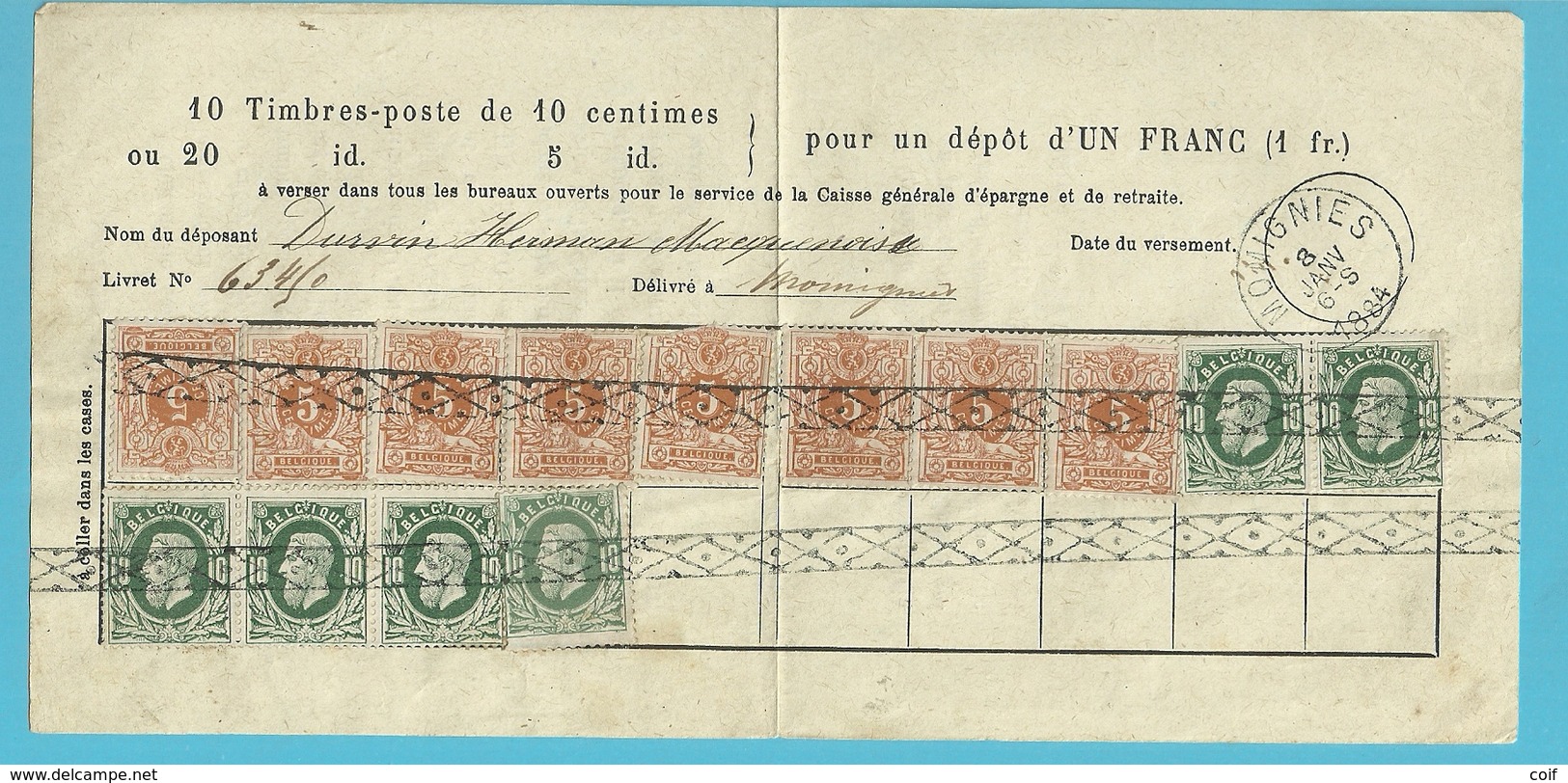 Bulletin D'épargne Dépôt D'un Franc Affr. 28x8+30 X6 Annulation Roulette Càd MOMIGNIES 8/1/1884 - 1869-1883 Léopold II