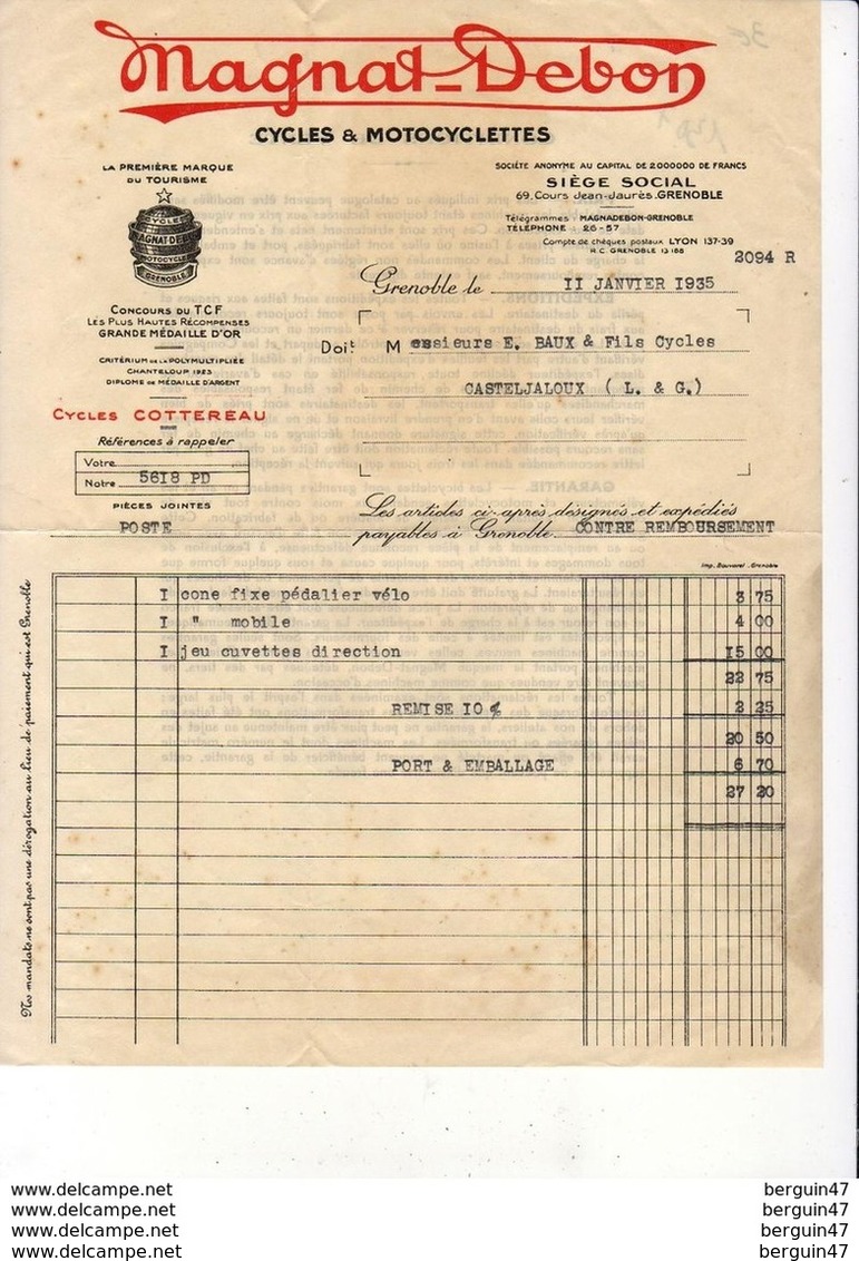 CYCLES ET MOTOCYCLETTES MAGNAT DEBON à GRENOBLE    ........  FACTURE DE 1935 - Transports