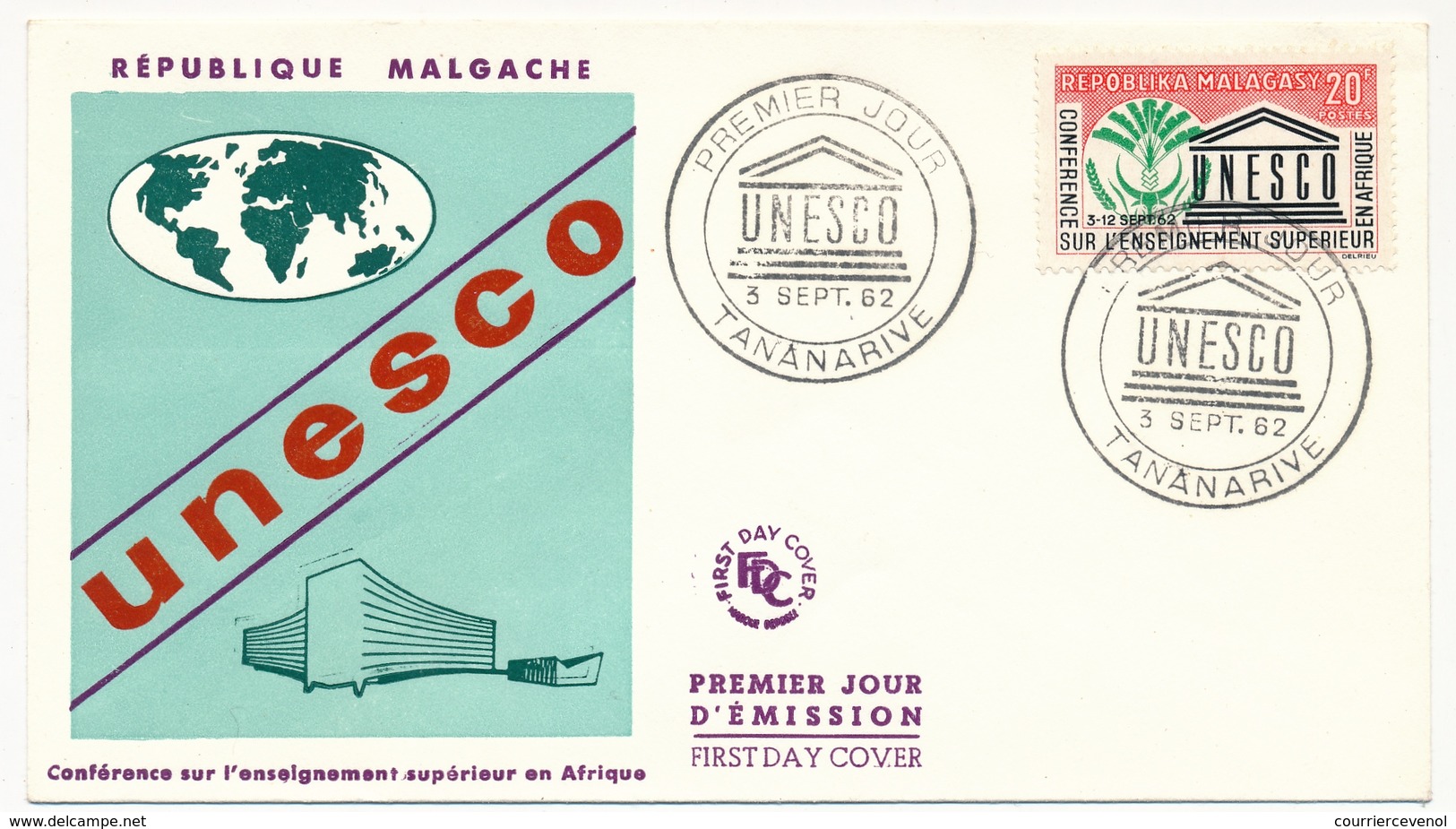 MADAGASCAR - Enveloppe FDC - 20f UNESCO - Tananarive - 3/9/1962 - Madagaskar (1960-...)
