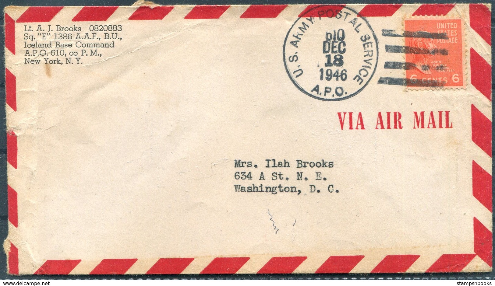 1946 Iceland U.S. Army Postal Service A.P.O. 610 Airmail Cover - Washington USA. E Squadron A.A.F. Keflavik - Briefe U. Dokumente