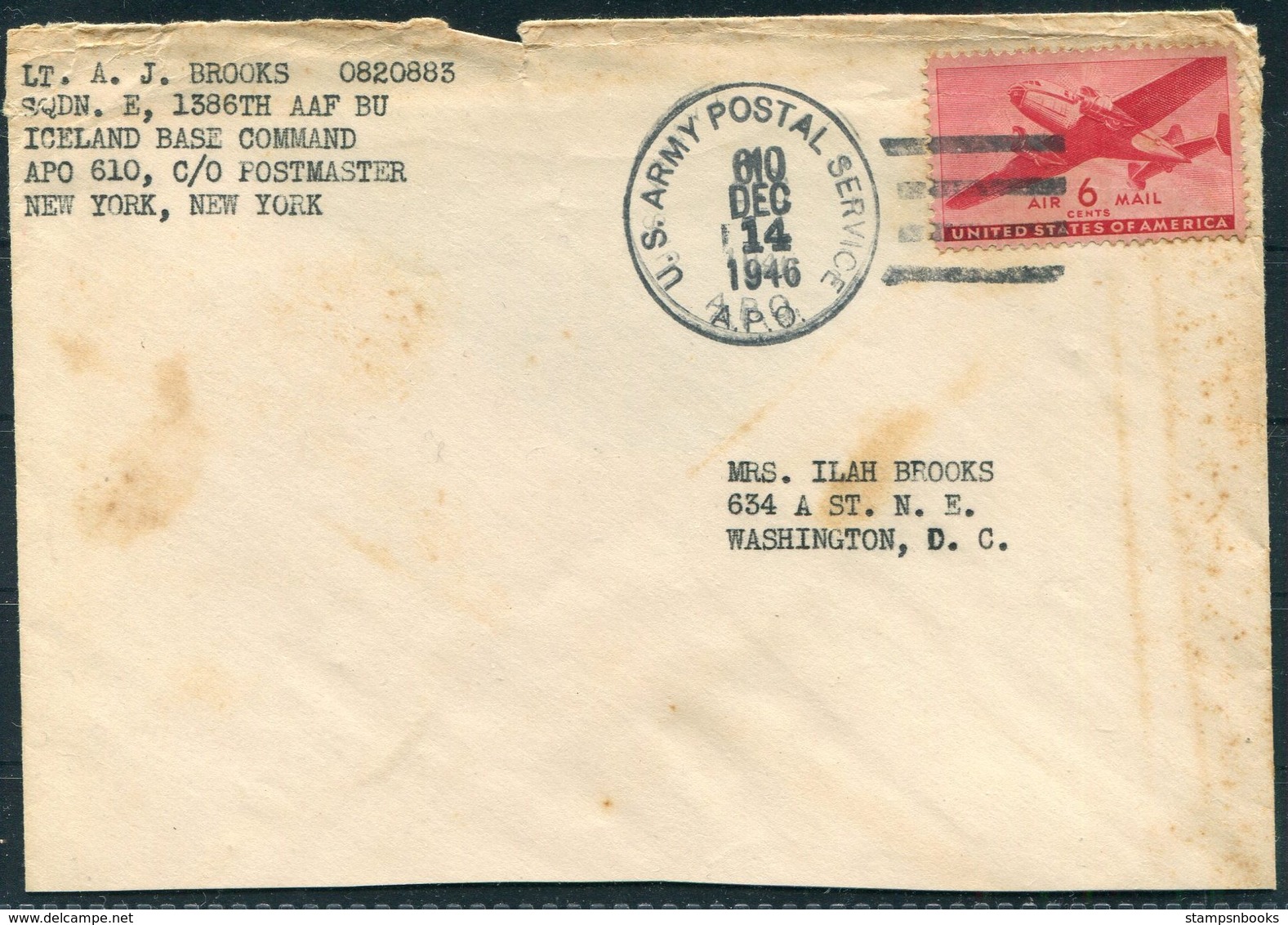 1946 Iceland U.S. Army Postal Service A.P.O. 610 Airmail Cover - Washington USA. E Squadron A.A.F. Keflavik - Covers & Documents