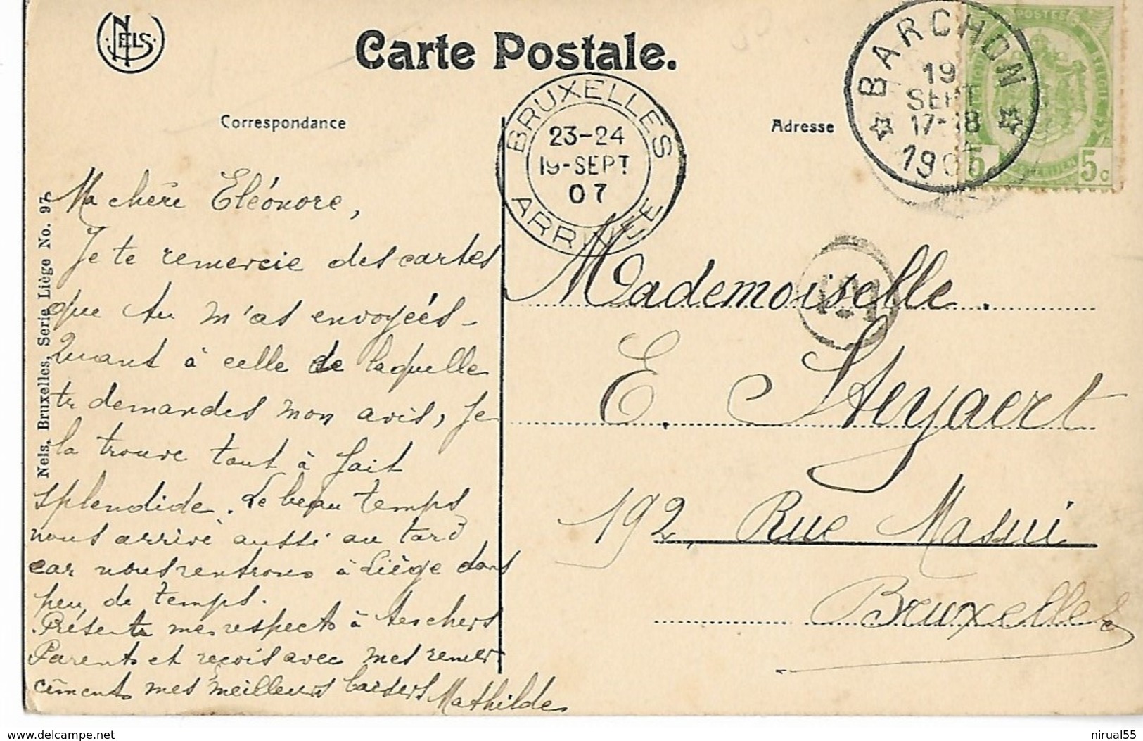 Belgique BARCHON CAD 1907 Sur 5c  ... G - Posta Rurale