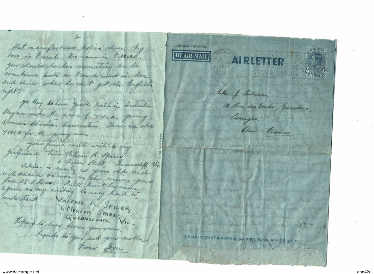 CTN60/3 - AUSTRALIE AEROGRAMME GEELONG / BOURGES 20/2/1951 - Luchtpostbladen