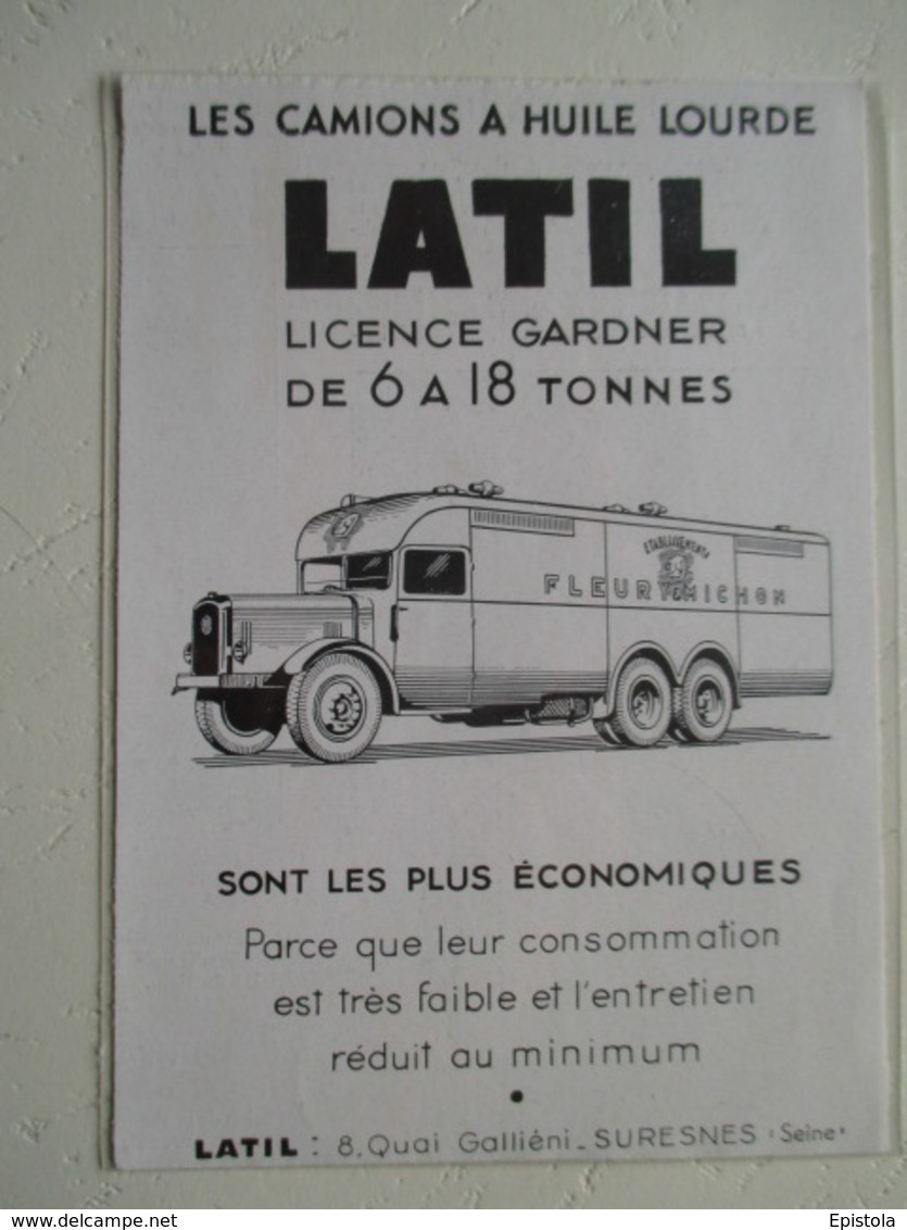 Transport Utilitaire - Camion LATIL (Usines Suresnes)   Ets FLEURY MICHON - Coupure De Presse De 1935 - Trucks