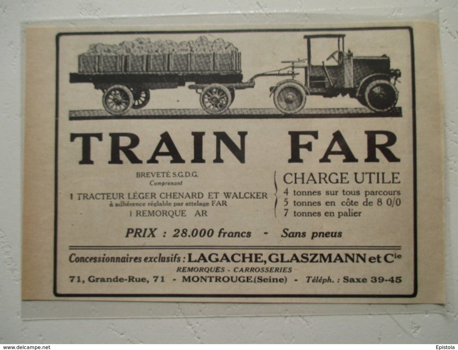 Transport Utilitaire - Tracteur Semi Remorque  CHENARD & WALCKER  - TRAIN FAR   - Coupure De Presse De 1920 - Camions