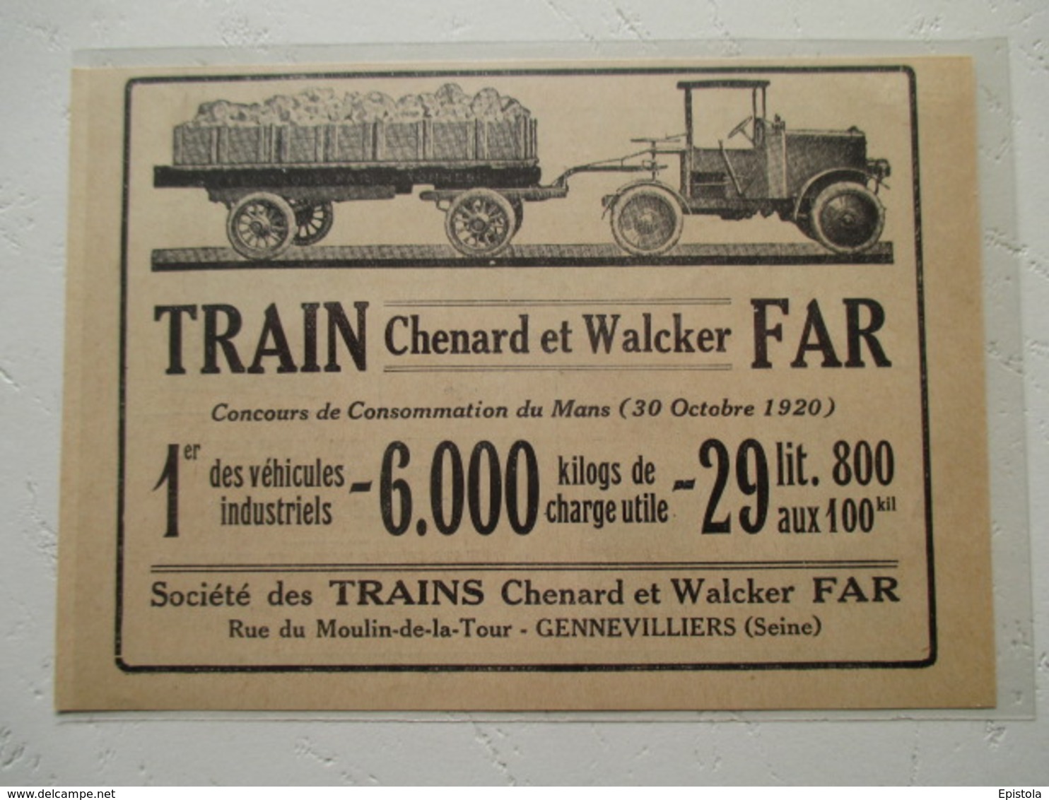 Transport Utilitaire - Tracteur Semi Remorque  CHENARD & WALCKER  - TRAIN FAR   - Coupure De Presse De 1920 - Camions