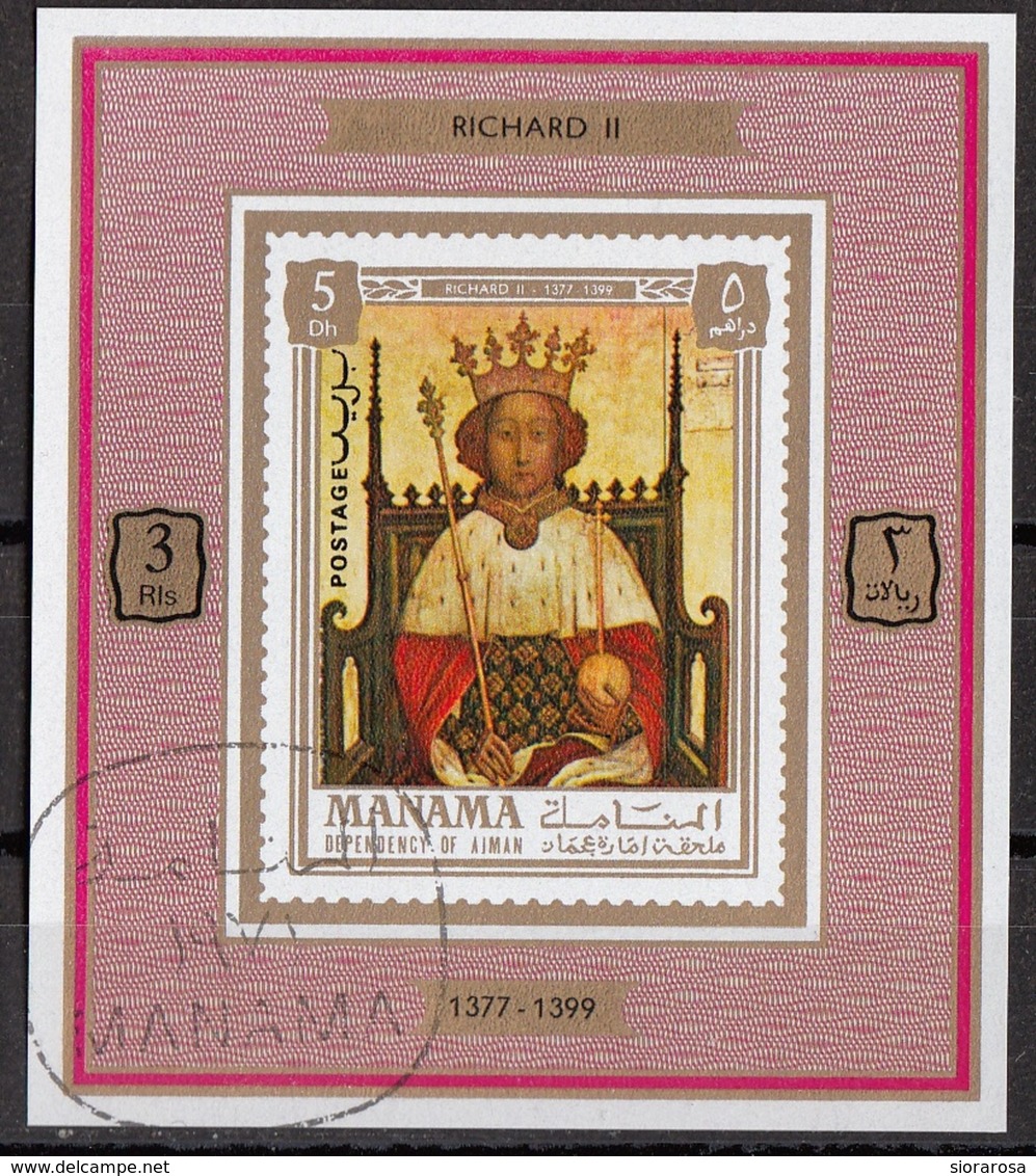 Manama 1971 Mi. 734 Kings & Queens "....King Richard II" Quadro Dipinto Da Anonimo Paintings Sheet Cto Deluxe Imperf. - Manama