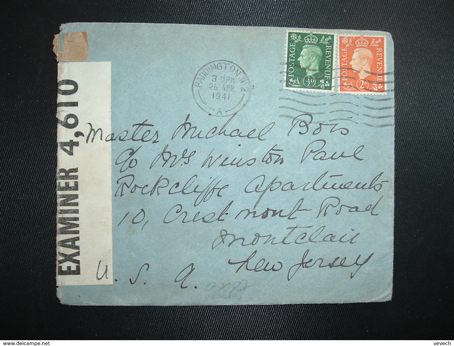 LETTRE GRANDE BRETAGNE Pour USA TP 2d + 1/2d OBL.MEC.26 APR 1941 PADDINGTON  + CENSURE EXAMINER 4610 - Guerre Mondiale (Seconde)