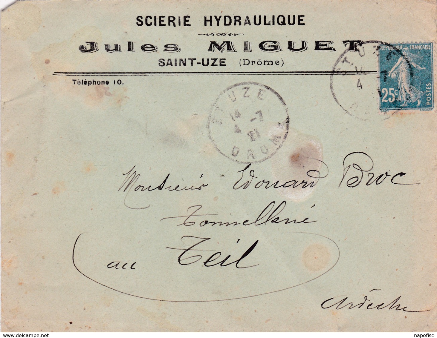 26-Enveloppe Publicitaire J.Miguet Scierie Hydraulique Saint-Uze (Drôme) 1921 - 1900 – 1949