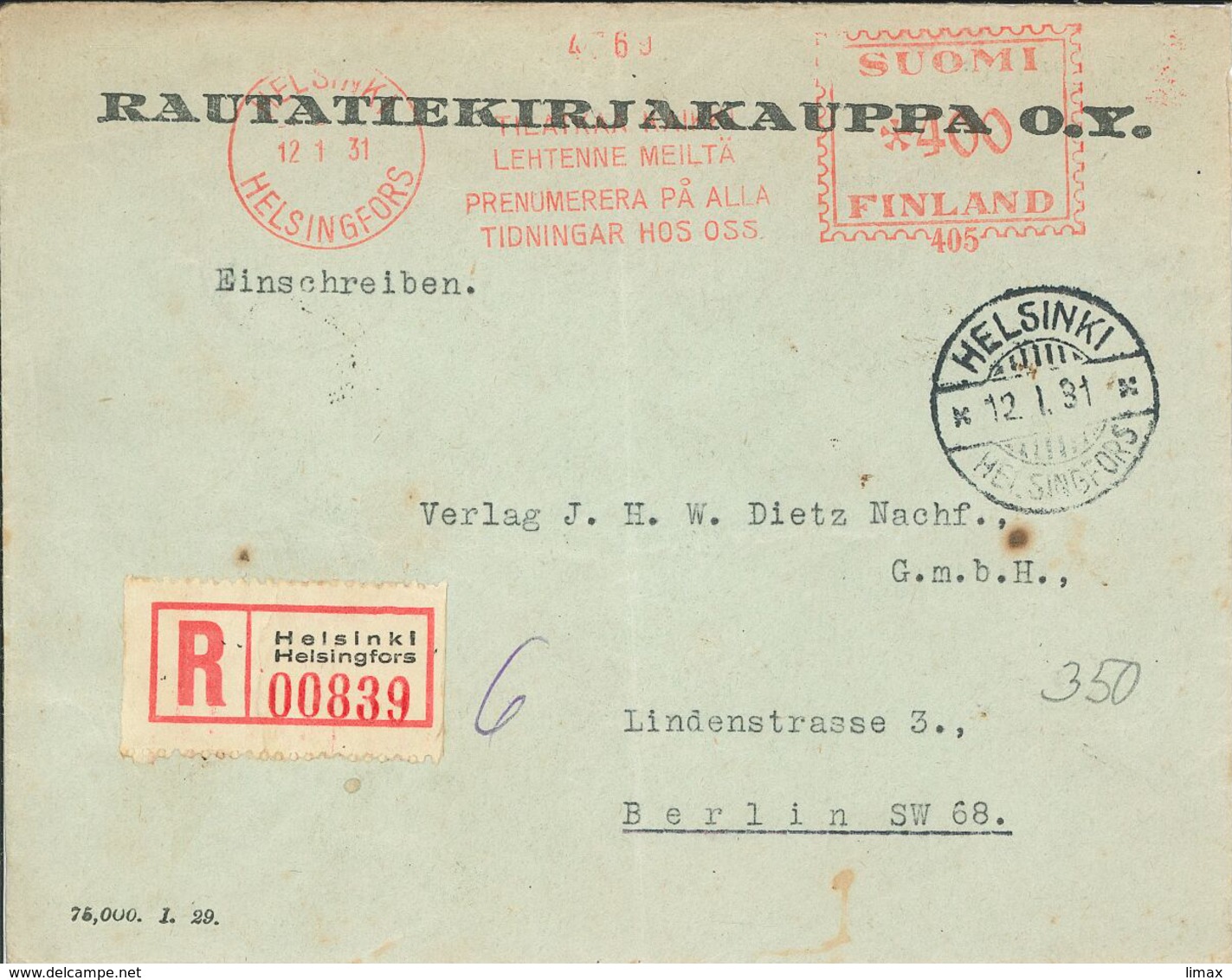 Helsinki 1931 R-Brief Nach Berlin (rsA) - Storia Postale