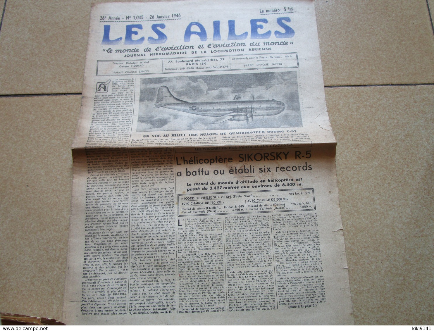 LES AILES - Journal Hebdomadaire De La Locomotion Aérienne - 26è Année - N° 1.045 - 26 Janvier 1946 - 8 Pages - Autres & Non Classés