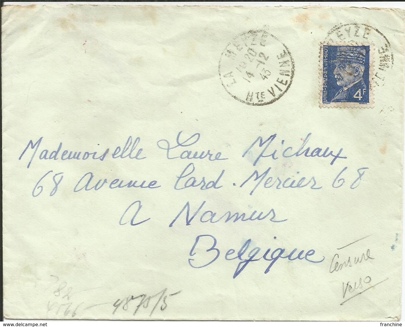 1941-42  N° 521A Oblitéré (o) SEUL Sur Lettre CENSUREE - LA MEYZE - Cartas & Documentos