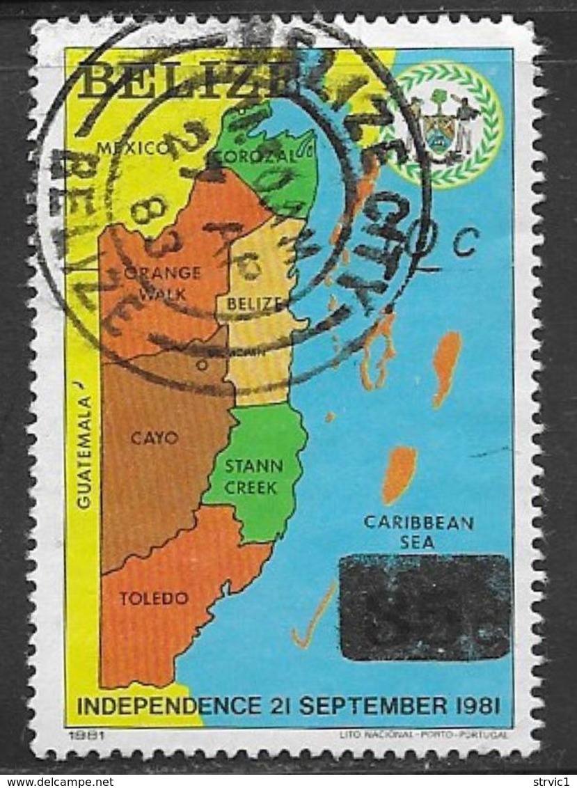Belize Scott # 425 Postally Used 1981 Map Stamp Surcharged, Issued 4/15/1983, CV$70.00 - Belize (1973-...)