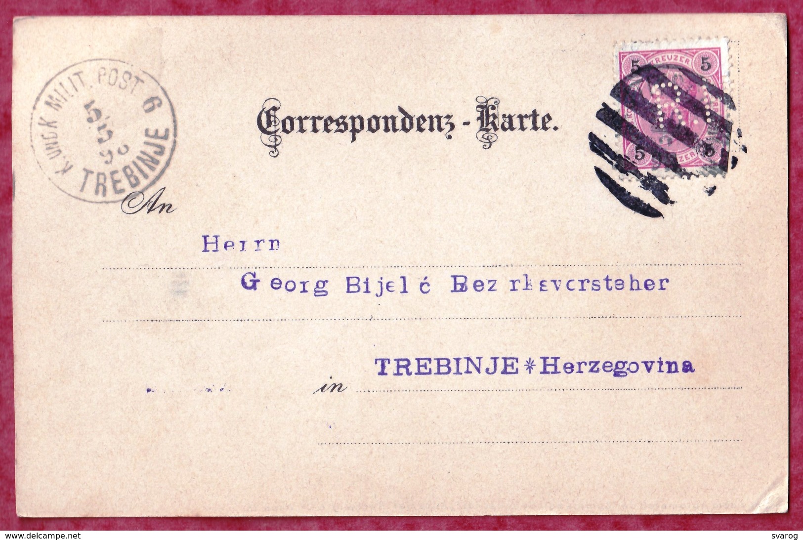 Gruss Aus PITTEN - KuK Militar Post - Trebinje Bosnia Herzegowina 1898. Austria BF1/28 - Pitten