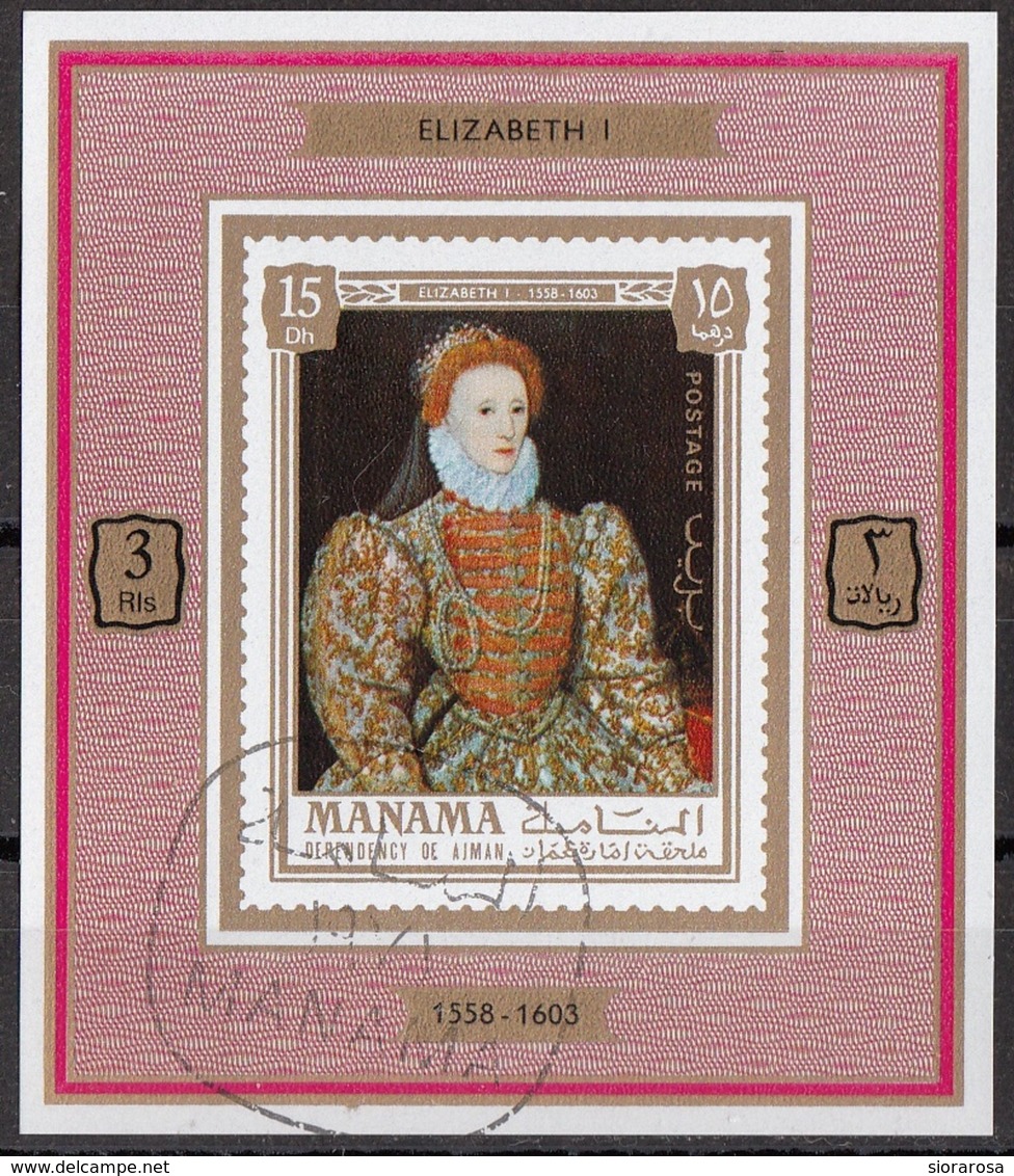 Manama 1971 MI. 736 Kings & Queens  "Elizabeth I Darnley Portrait" Quadro Dipinto Paintings Sheet CTO Deluxe. Imperf. - Manama