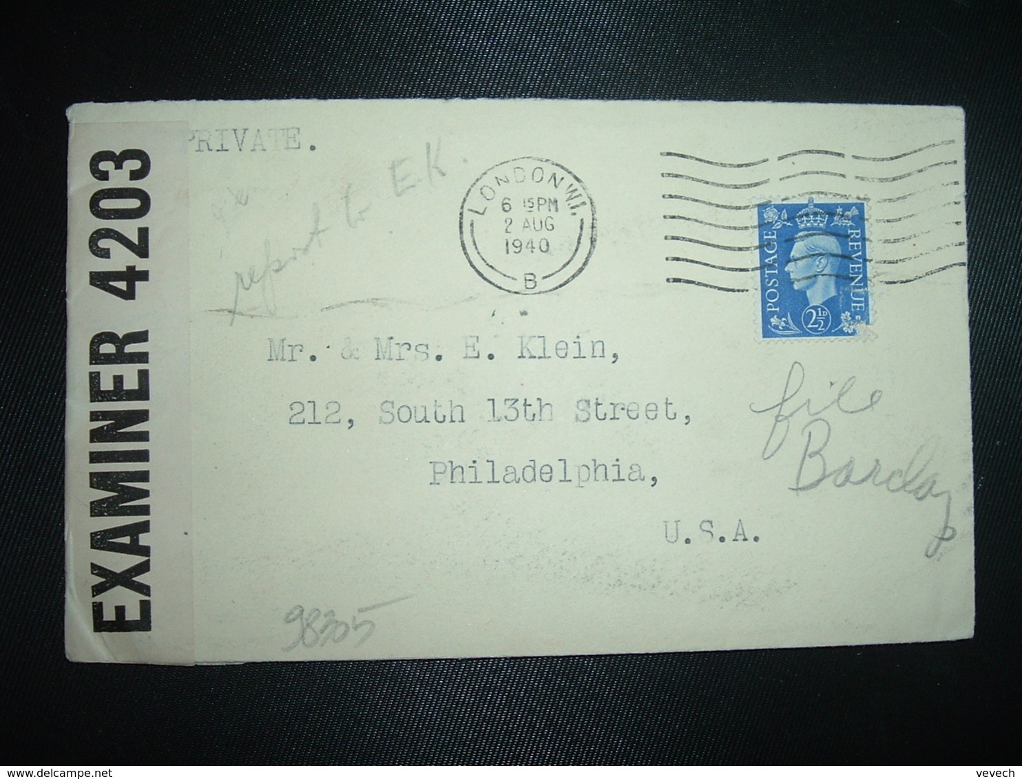 LETTRE GRANDE BRETAGNE Pour USA TP 2 1/2d OBL.MEC.2 AUG 1942 LONDON + CENSURE EXAMINER 4203 - Guerre Mondiale (Seconde)