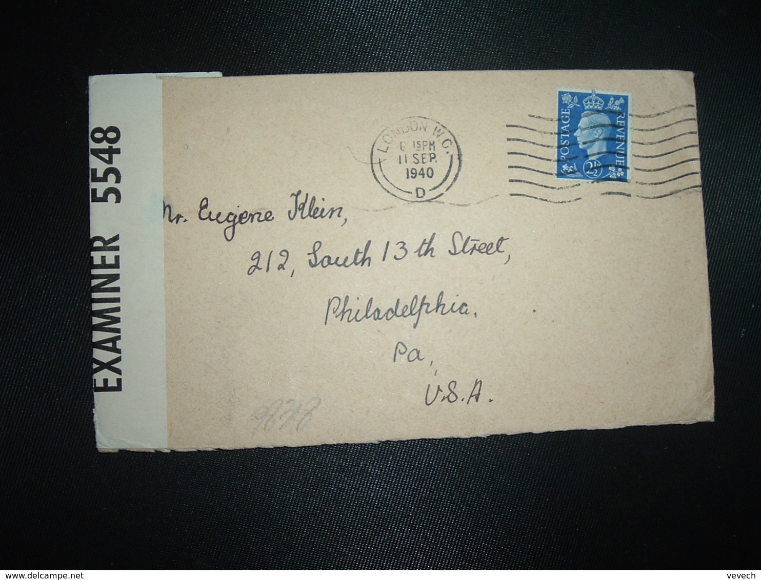 LETTRE GRANDE BRETAGNE Pour USA TP 2 1/2d OBL.MEC.11 SEP 1940 LONDON  + CENSURE EXAMINER 5548 - Guerre Mondiale (Seconde)