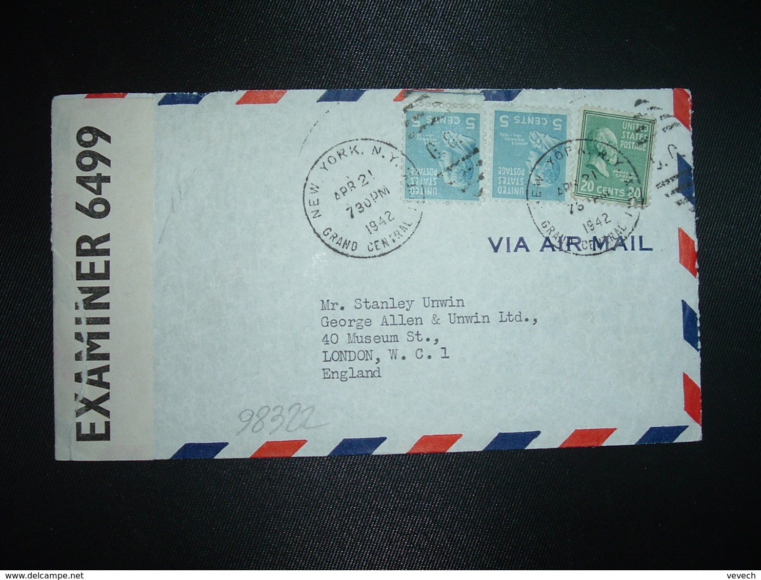 LETTRE USA Pour GRANDE BRETAGNE TP 20c + TP 5c X2 OBL.MEC. APR 21 1942 NEW YORK + CENSURE EXAMINER 6499 - Guerre Mondiale (Seconde)