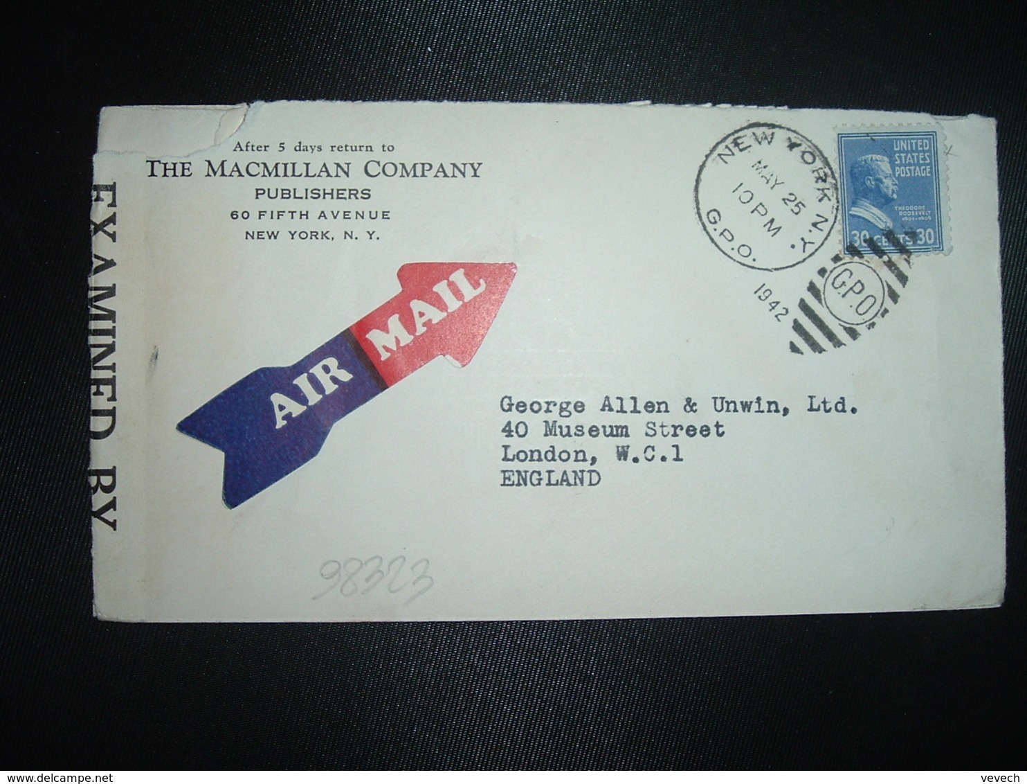 LETTRE USA Pour GRANDE BRETAGNE TP 30c OBL.MEC. MAY 25 1942 NEW YORK + CENSURE EXAMINER 6664 - Guerre Mondiale (Seconde)