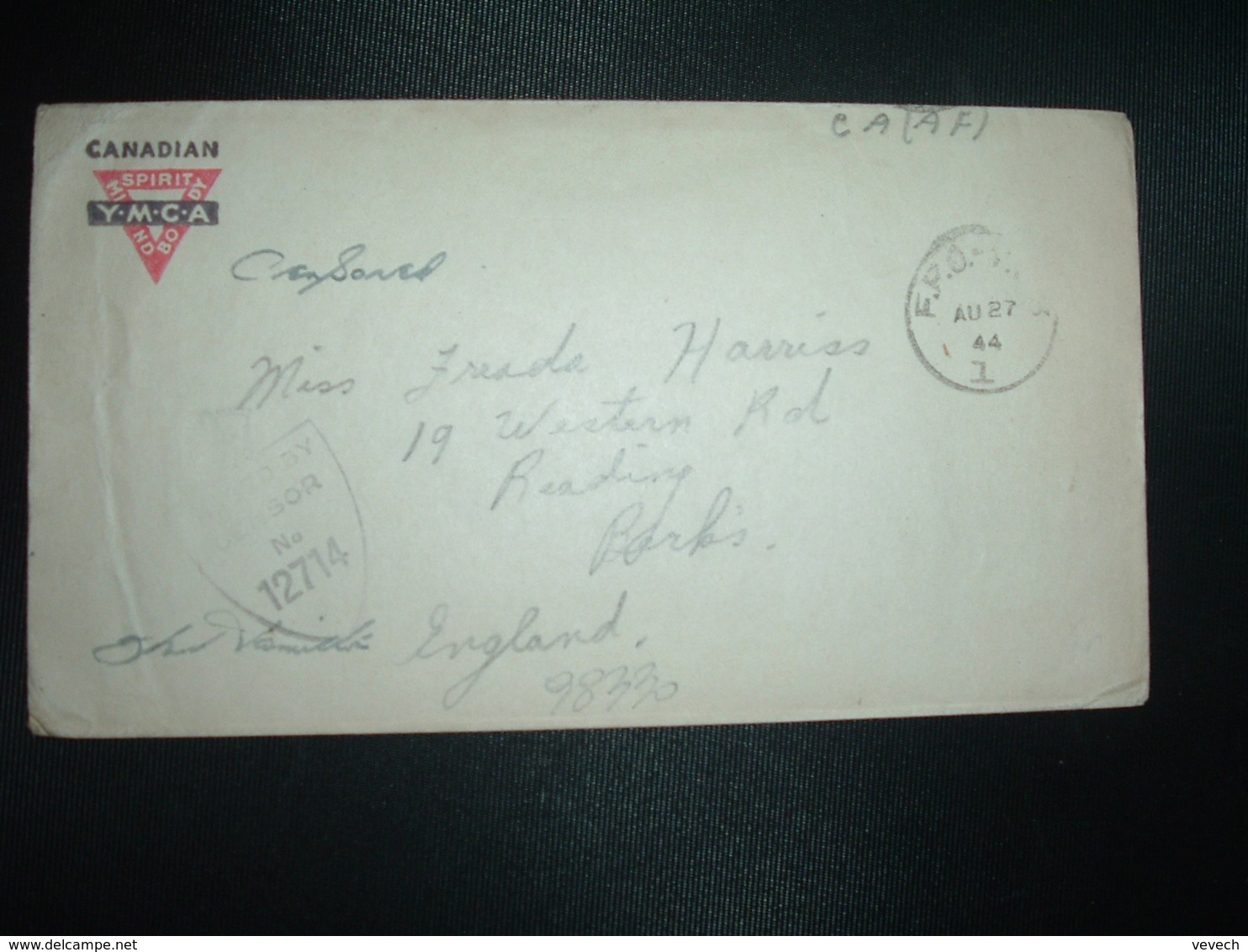 LETTRE CANADIAN Y.M.C.A. Pour GRANDE BRETAGNE OBL. AU 27 44 F.P.O. - T.   + CENSURE CENSOR N°12714 - Guerre Mondiale (Seconde)