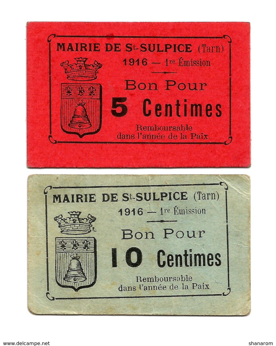 1914-1918 // ST-SULPICE (Tarn) // 1916 // 5 & 10 Centimes - Bons & Nécessité