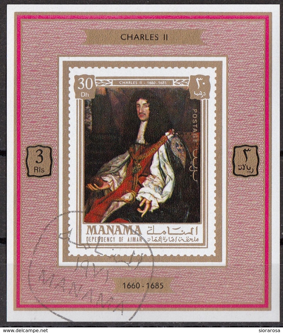 Manama 1971 Mi. 739 Kings & Queens "Charles II Stuart" Quadro Dipinto Da J.M. Wright Paintings Sheet CTO Deluxe Barocco - Manama