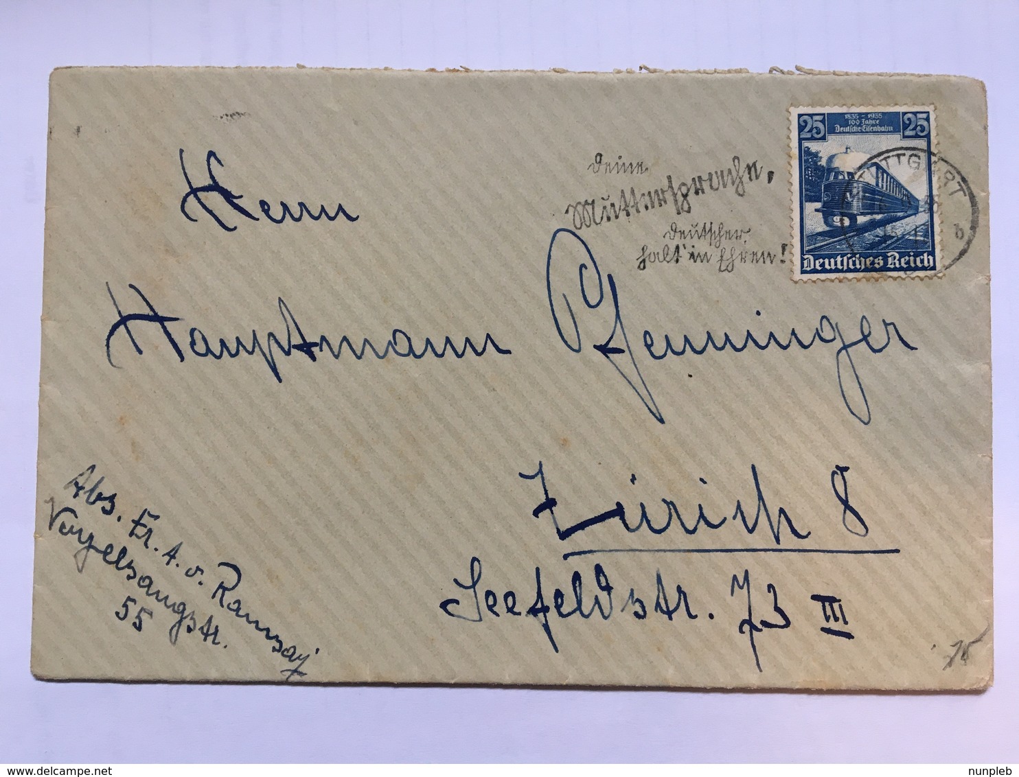 GERMANY 1936 Cover Stuttgart To Zurich Tied With German Railway Centenary 25pf - Lettres & Documents