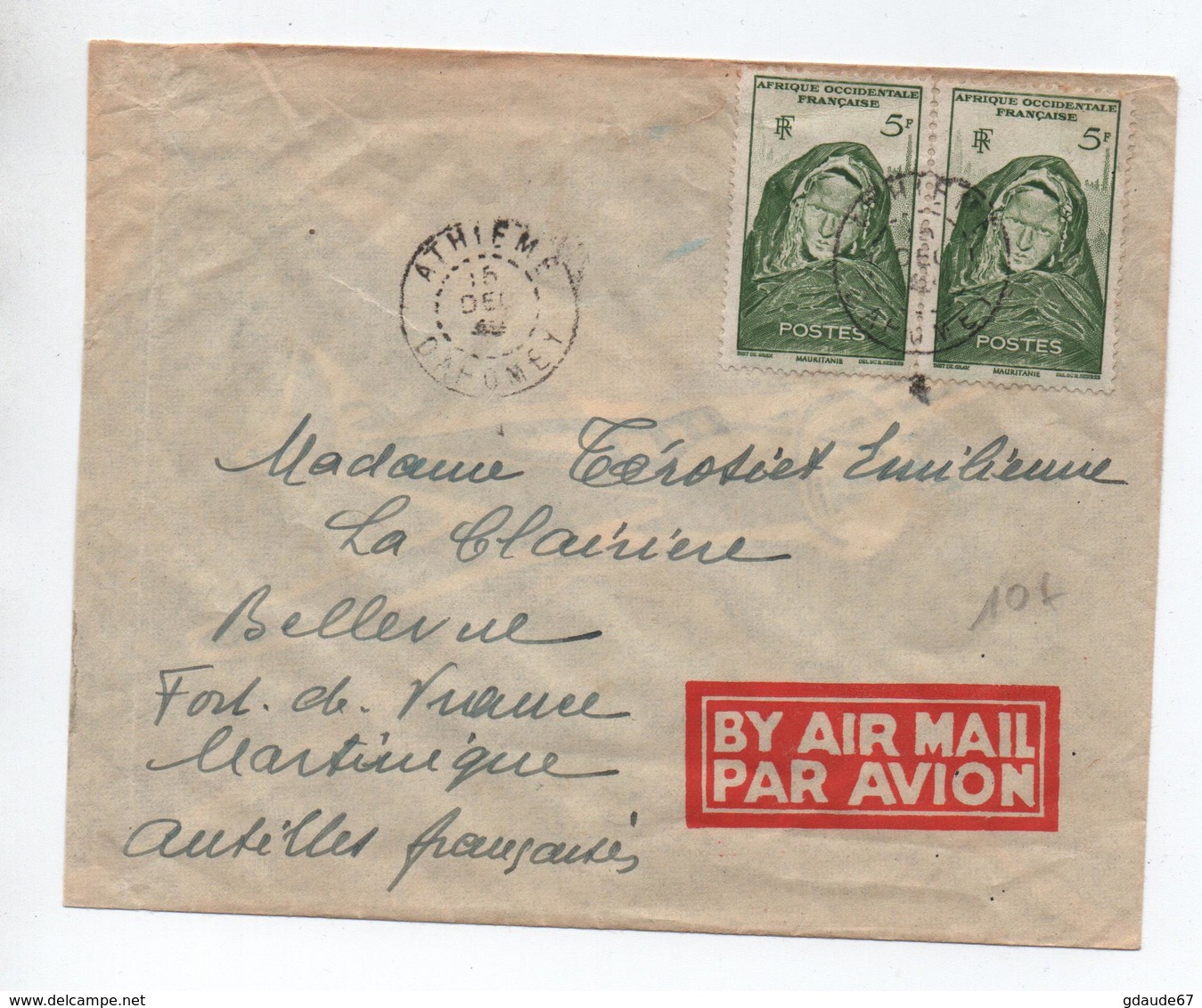 1950 - ENVELOPPE De ATHIEME (DAHOMEY / AOF) Pour FORT DE FRANCE (MARTINIQUE) - Storia Postale