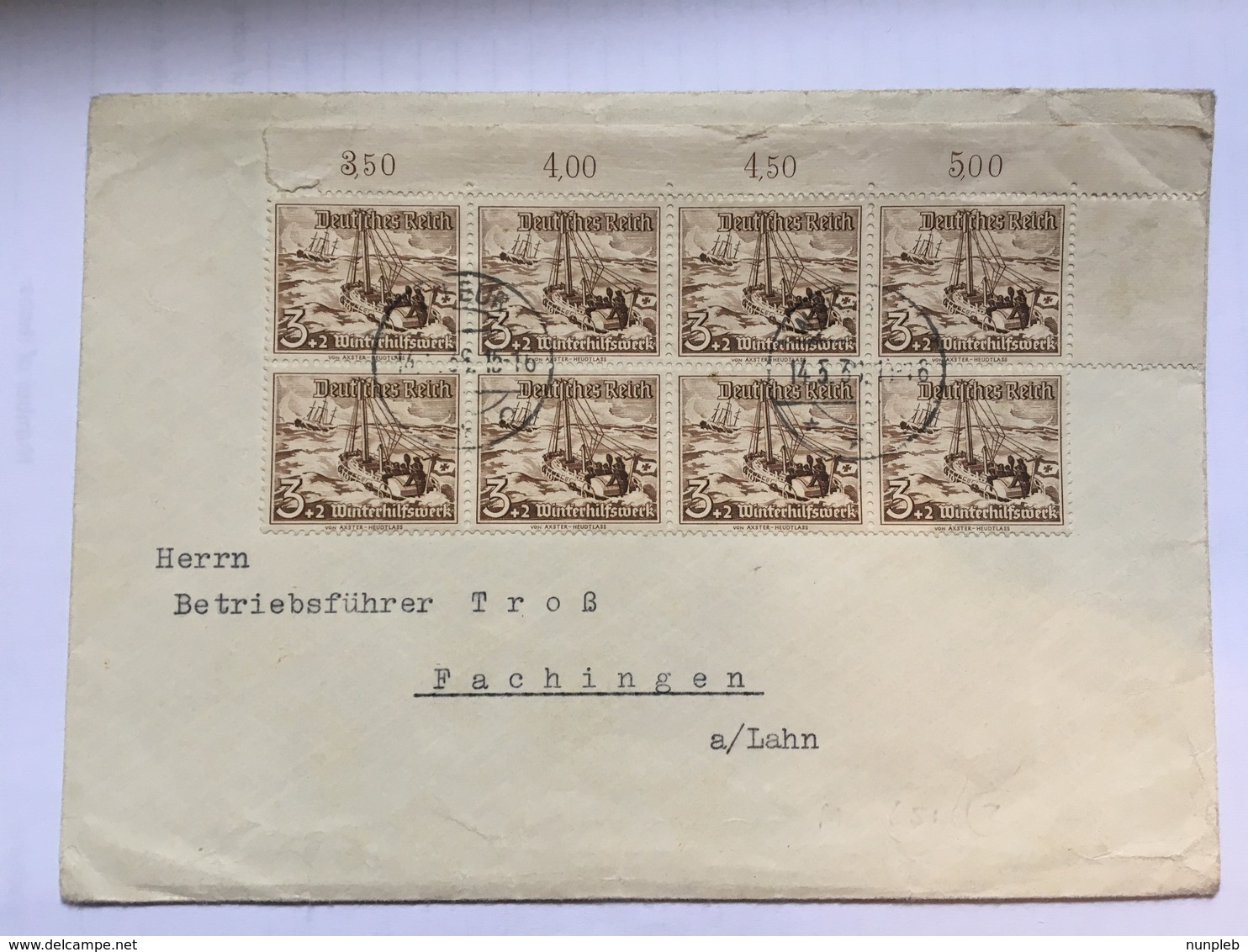 GERMANY 1937 Cover To Fachingen Lahn Tied With X 8 Winter Relief Fund 3+2pf - Lettres & Documents