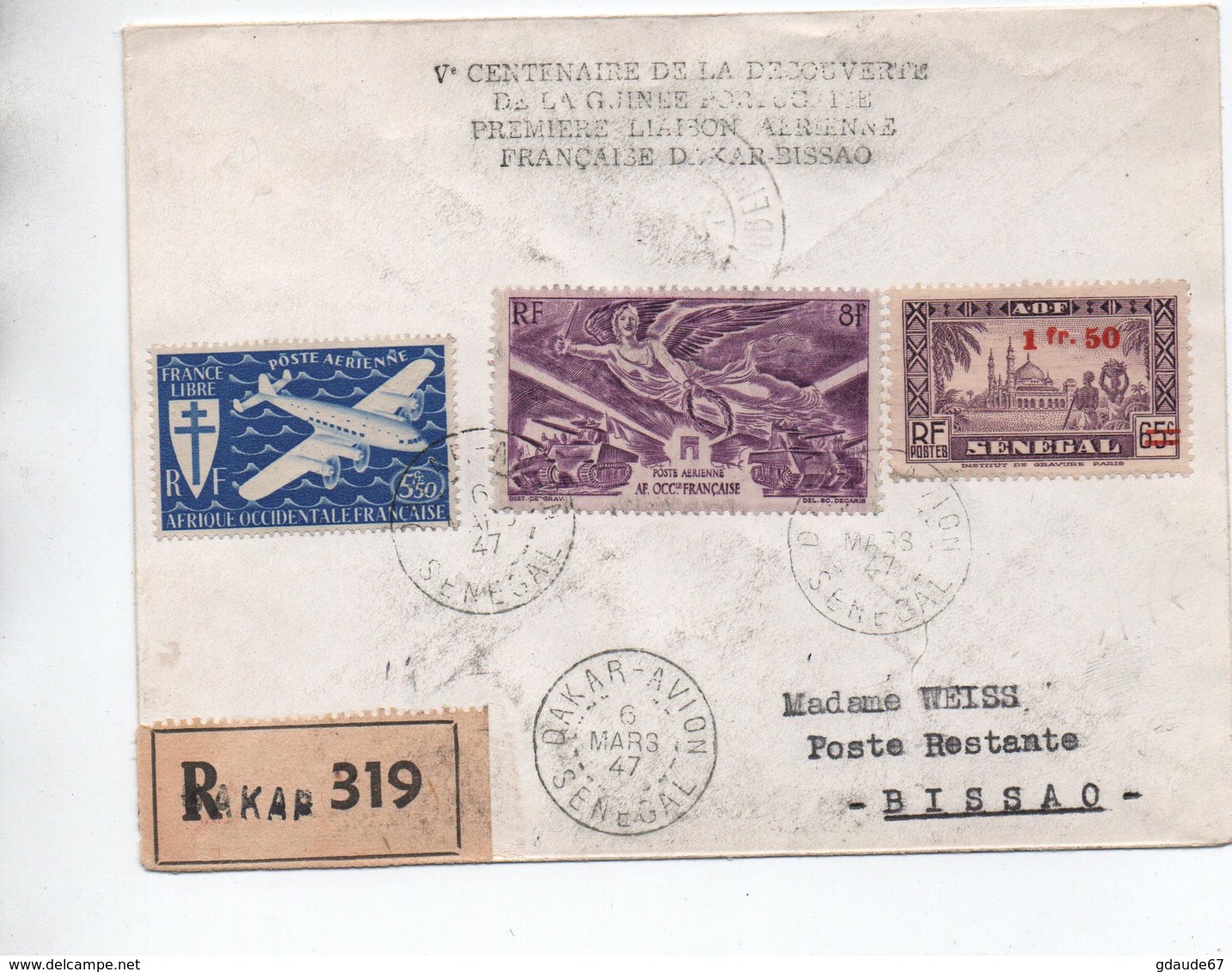 1947 - CACHET "V°CENTENAIRE DECOUVERTE DE LA GUINEE PORTUGAISE / PREMIERE LIAISON AERIENNE FRANCAISE DAKAR BISSAO" POSTE - Covers & Documents