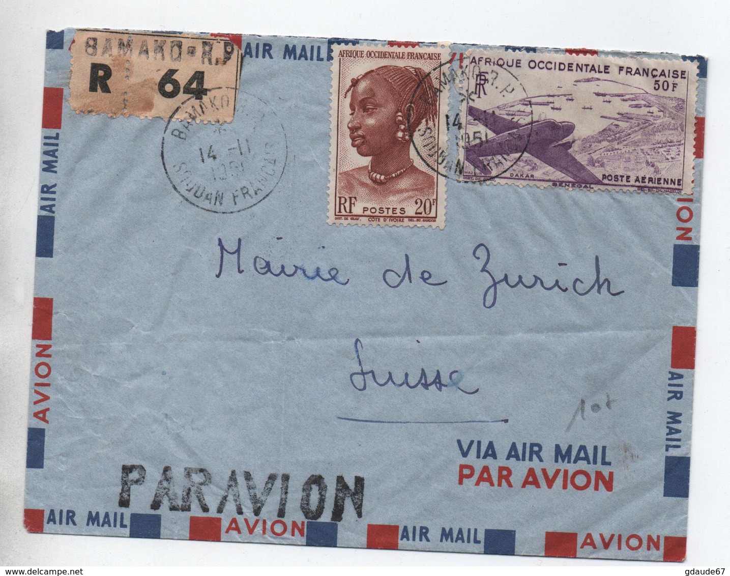 1951 - ENVELOPPE PAR AVION RECOMMANDEE De BAMAKO (SOUDAN FRANCAISE / AOF) - Lettres & Documents