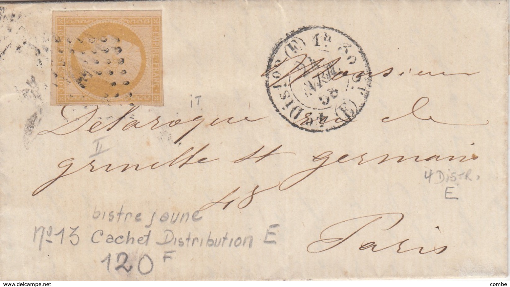 LETTRE. 24 AVRIL 58. N° 13 BISTRE JAUNE ?. PARIS DISTRIBUTION E - 1849-1876: Classic Period