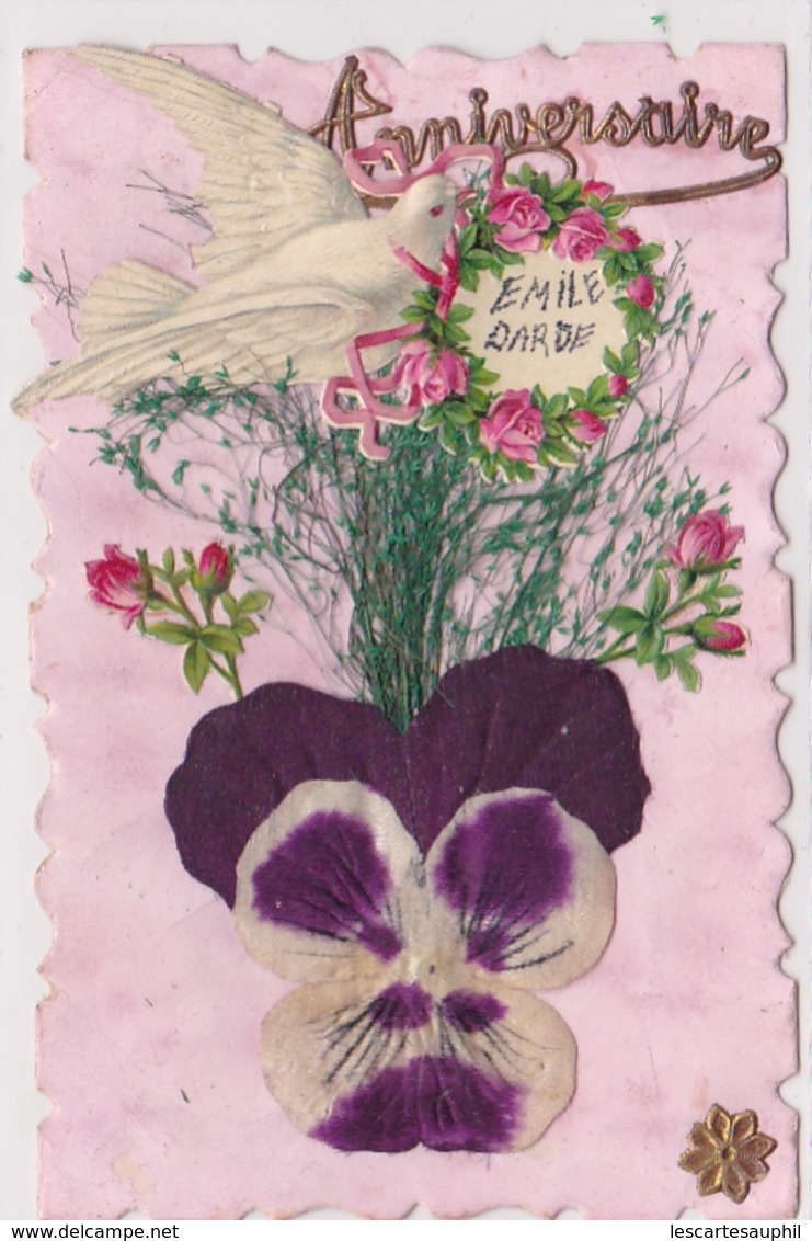 Carte Composée Chromo Colombe Bouquet De Rose Herbe Fleur En Tissu Debut 1900 - Autres & Non Classés