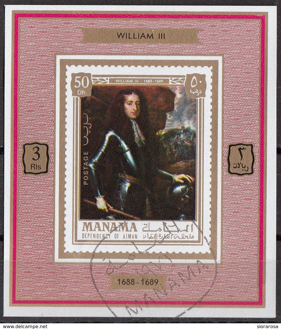 Manama 1971 Mi. 741 Kings & Queens Ritratto Di William Guglielmo III Sheet CTO Deluxe Imperf. - Manama