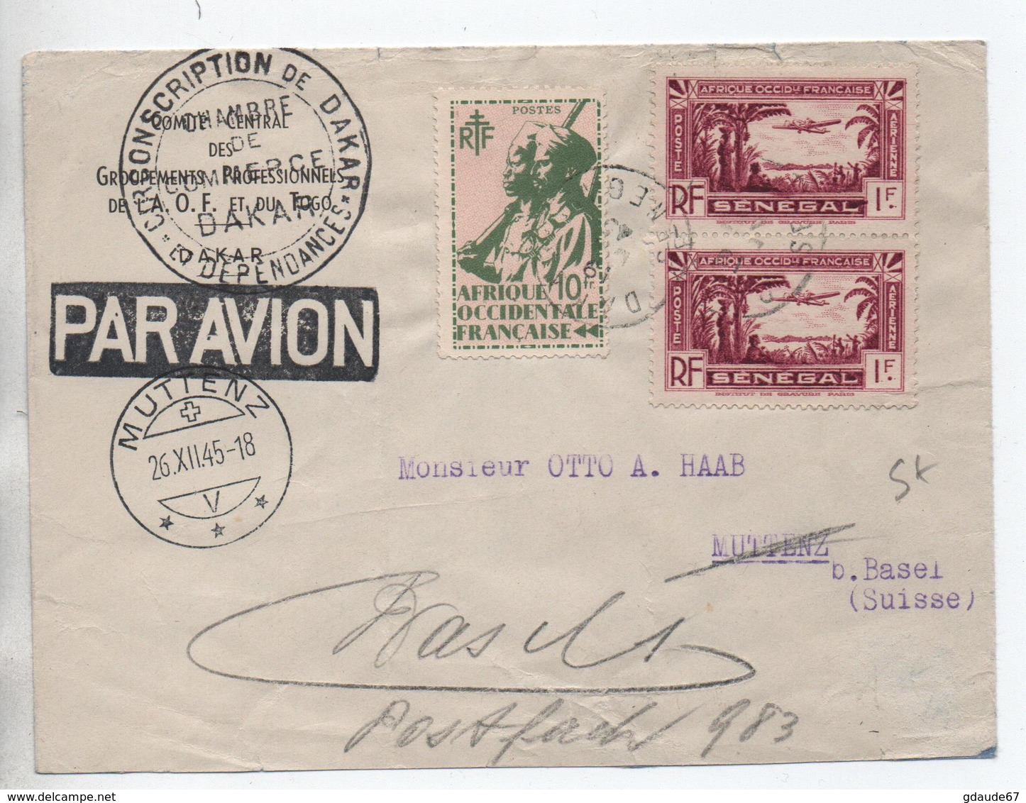 1945 - ENVELOPPE PAR AVION De DAKAR (SENEGAL / AOF) Pour MUTTENZ (SUISSE) - Lettres & Documents