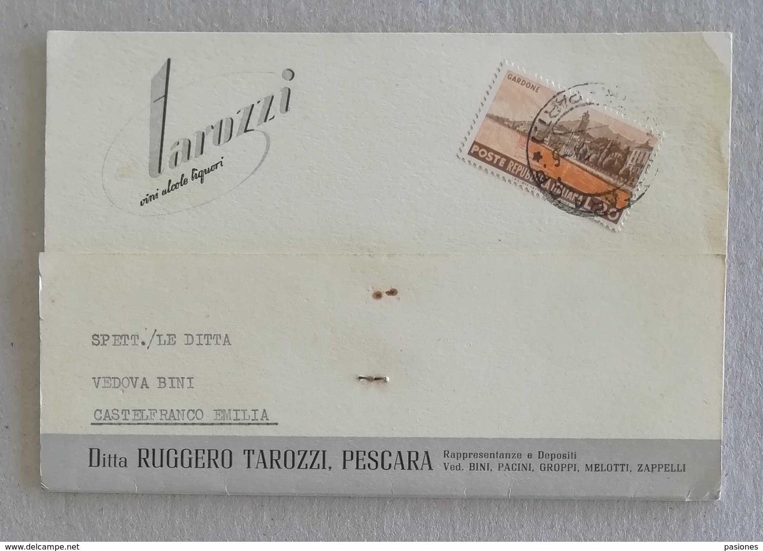 Cartolina Postale Pubblicitaria "Ruggero Tarozzi" Vini, Alcole, Liquori Pescara Per Castelfranco Emilia - 05/05/1955 - 1946-60: Storia Postale