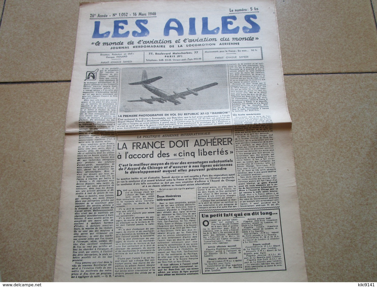 LES AILES - Journal Hebdomadaire De La Locomotion Aérienne - 26è Année - N° 1.052 - 16 Mars 1946 - 8 Pages - Autres & Non Classés