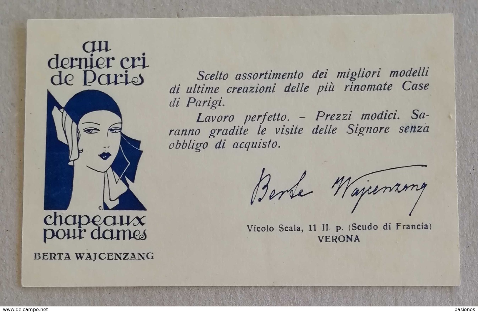 Cartolina Postale Pubblicitaria "au Dernier Cri De Paris" Cappelli Da Donna Verona - Publicidad