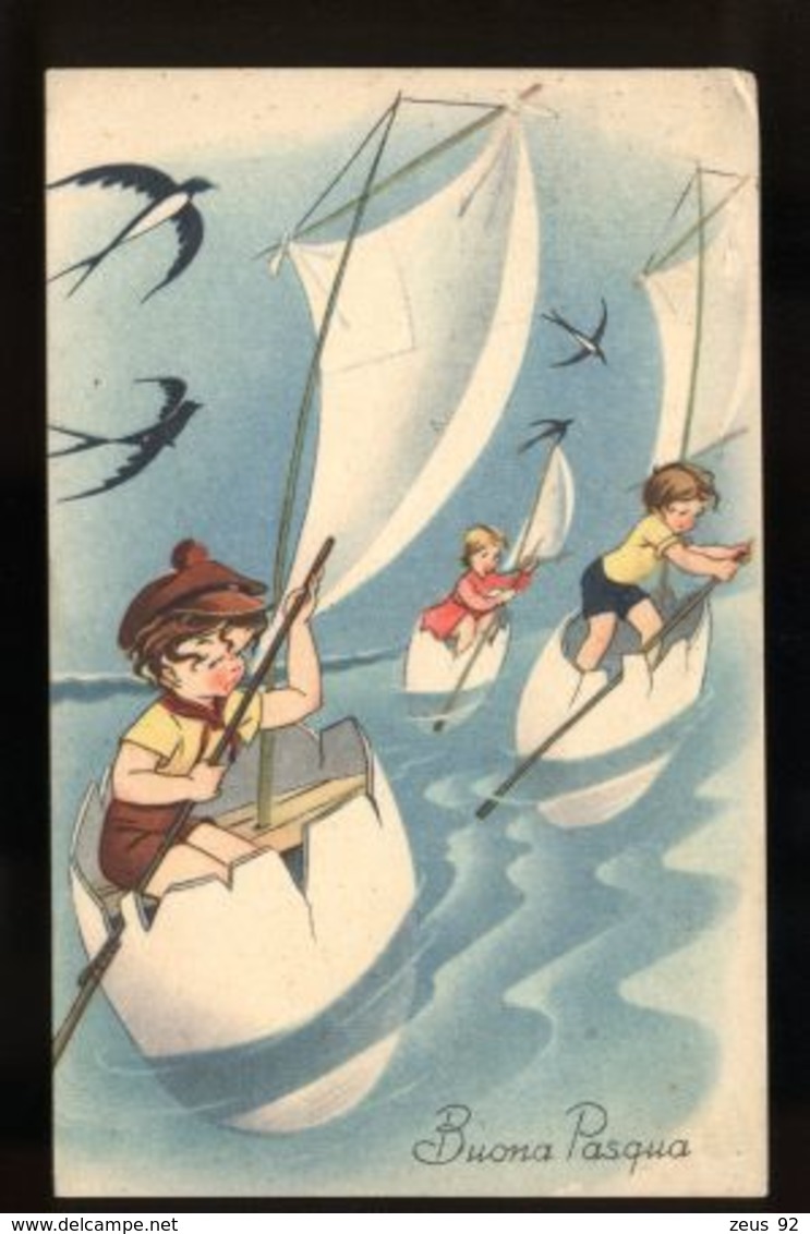 C2484 AUGURALI AUGURI BUONA PASQUA BAMBINI REMANO IN GUSCI D'UOVO FORMATO PICCOLO VG 1951 - Ostern