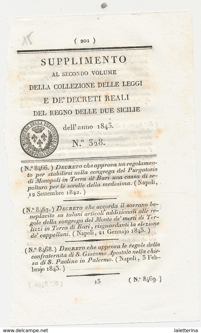 1843 REGNO DELLE DUE SICILIE DECRETO MONOPOLI + TERLIZZI - Gesetze & Erlasse